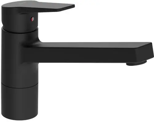 Schwarzer Wasserhahn mit modernem Design, schmaler Auslauf und einem schwenkbaren Griff zur Temperatur- und Durchflussregelung.